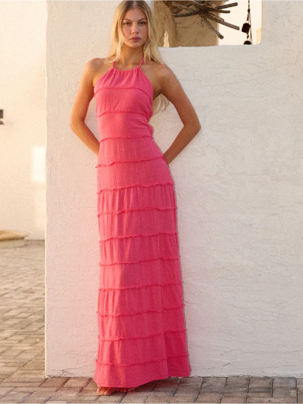 Halter Tiered Maxi Dress in Pink